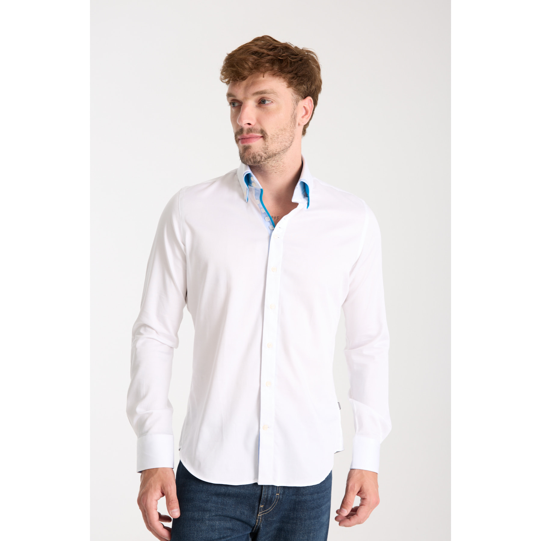 Camicia Uomo 2 Bottoni Button Down 7bottoni Doppio Coll Satin Unito Bianco