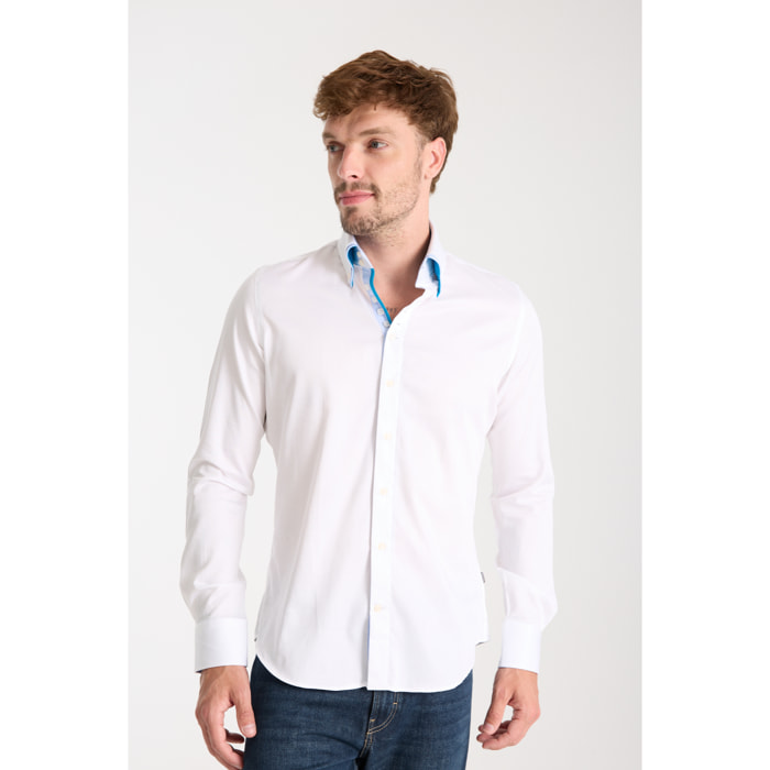 Camicia Uomo 2 Bottoni Button Down 7bottoni Doppio Coll Satin Unito Bianco