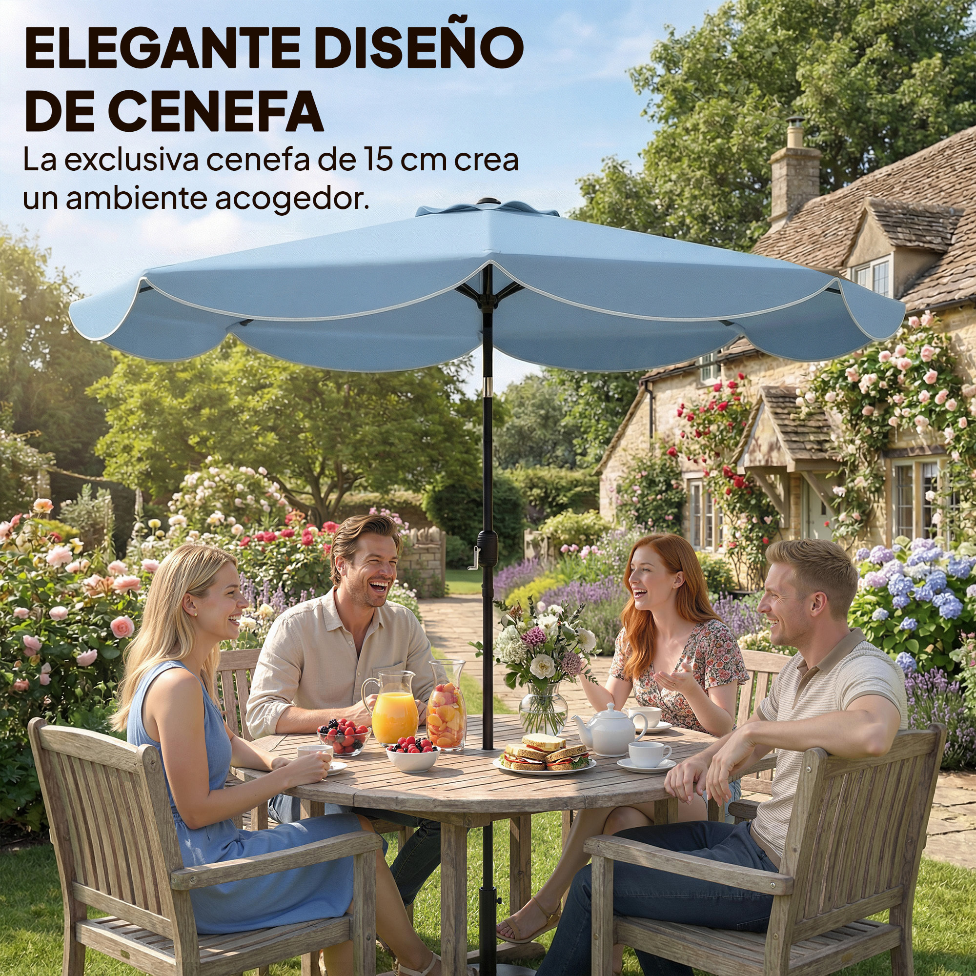 Sombrilla Terraza Exterior, Ø2,7 m, Sombrilla de Jardín con Inclinación Ajustable 3 Posiciones, Manivela y Volantes, Impermeable, Parasol para Playa, Patio, Terraza, Azul Celeste