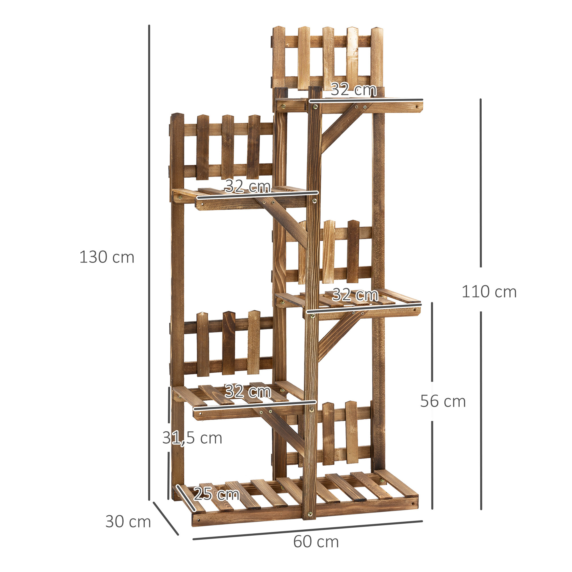 Étagère à fleurs en bois - porte plante bois 5 tablettes ornement petites barrières - dim. 60L x 30l x 130H cm - bois de sapin traité carbonisation