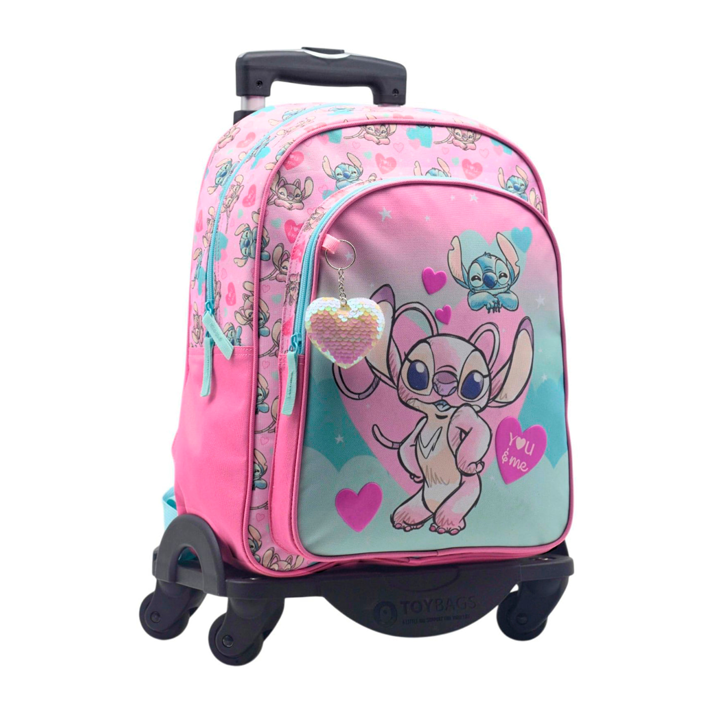Zaino Primaria Angel & Stitch doppio scomparto + carrello con protezione laterale e stoper frontale, 4 ruote multidirezionali. Con accessorio cuore.