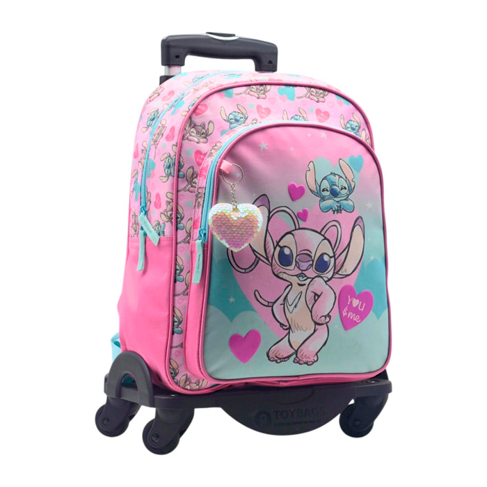 Zaino Primaria Angel & Stitch doppio scomparto + carrello con protezione laterale e stoper frontale, 4 ruote multidirezionali. Con accessorio cuore.