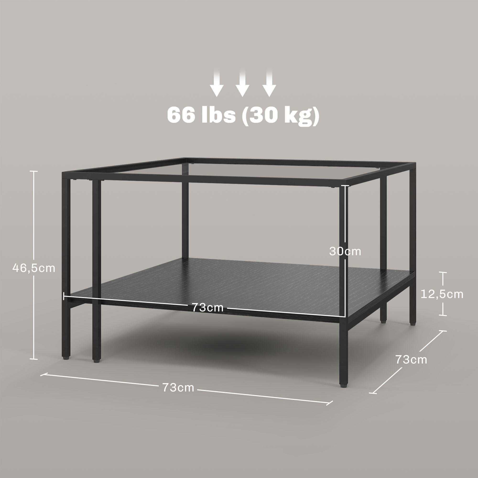 Table basse table de salon carrée 2 niveaux avec plateau en verre trempé, 1 étagère inférieure, design minimaliste, dim. 73l x 73P x 46,5H cm, noir