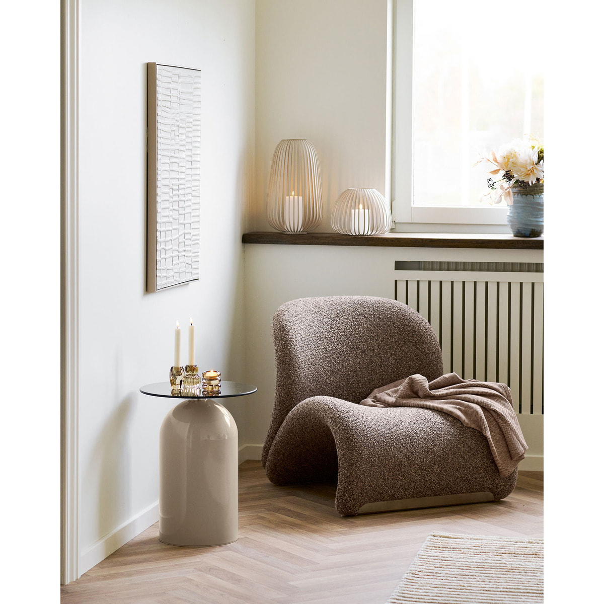 Lanterna Stoense alta in metallo beige a fasce ø24,5x40 cm