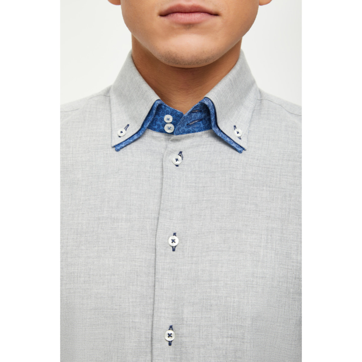 Camicia Uomo 2bottoni Button Down Doppio Collo Slim Flanella Unita Grigio