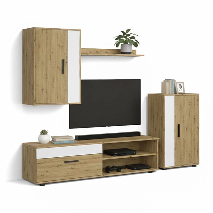 Salón modular con mueble TV en blanco artik y aplino 190 cm Lunet Blanco Artik (Blanco Mate) - Alpine Oak