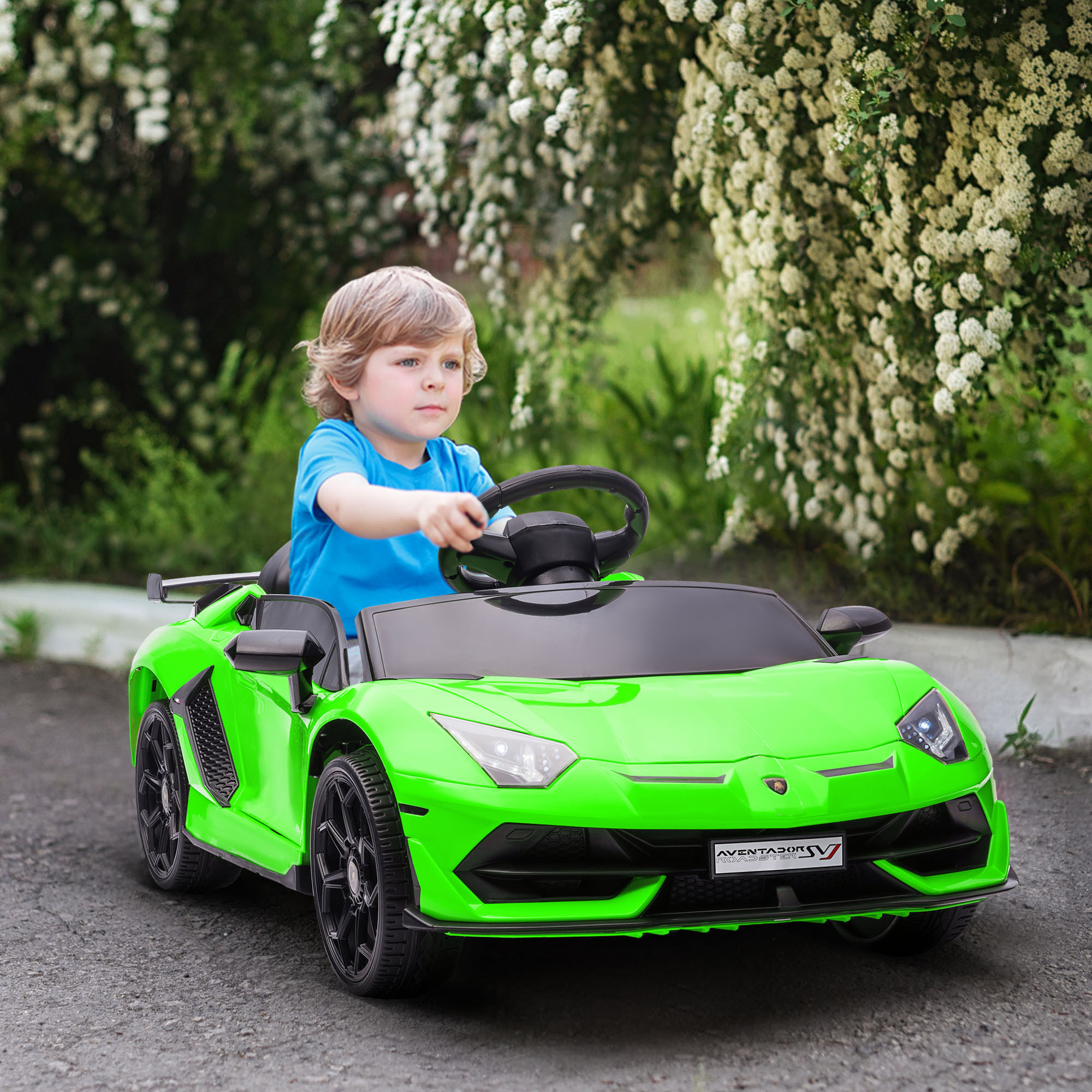 Voiture électrique enfant licence Lamborghini Aventador roadster SVJ télécommande effets sonores lumineux vert