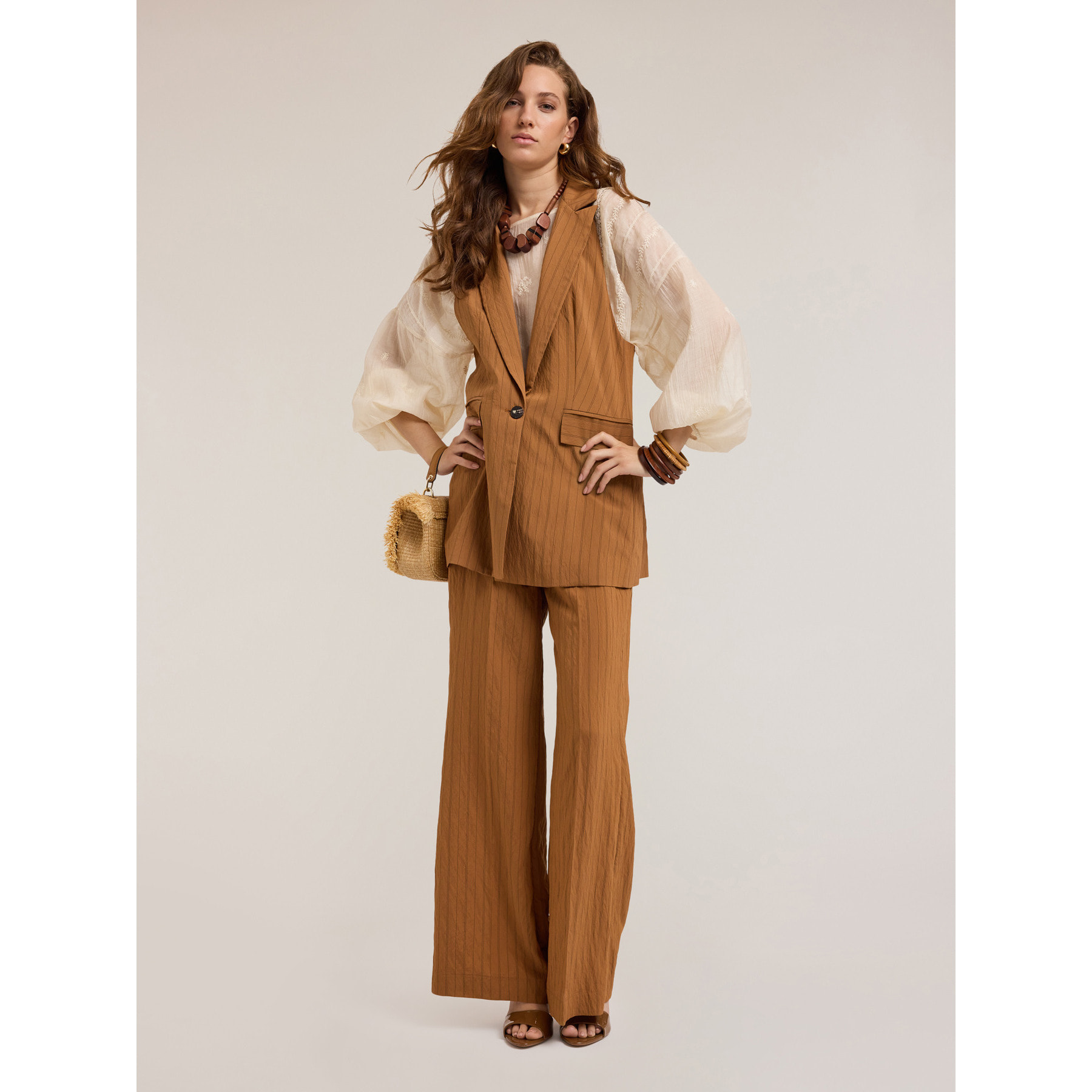 Motivi - Gilet monopetto gessato misto modal - Marrone