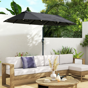 Parasol de jardin double 3 x 1,5 m éclairage solaire polyester gris
