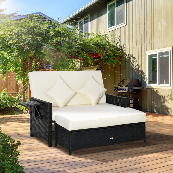 Ensemble de jardin 2 places : canapé dossier inclinable tablettes coffre matelas et coussins intégrées + repose-pieds résine tressée 4 fils noire polyester crème