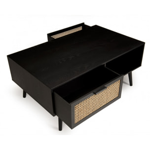 EMILIO - Table basse noire bois 2 tiroirs cannage 1 niche