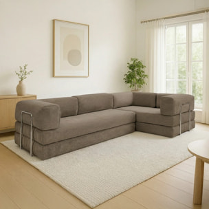 TRENDY - Canapé compressé 5 places angle modulable en velours côtelé taupe