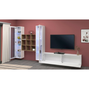 Parete attrezzata Egidio, Set salotto porta TV a 3 ante, Mobile soggiorno multiuso con vetrina e luce LED, 100% Made in Italy, cm 350x30h180, Bianco lucido e Acero