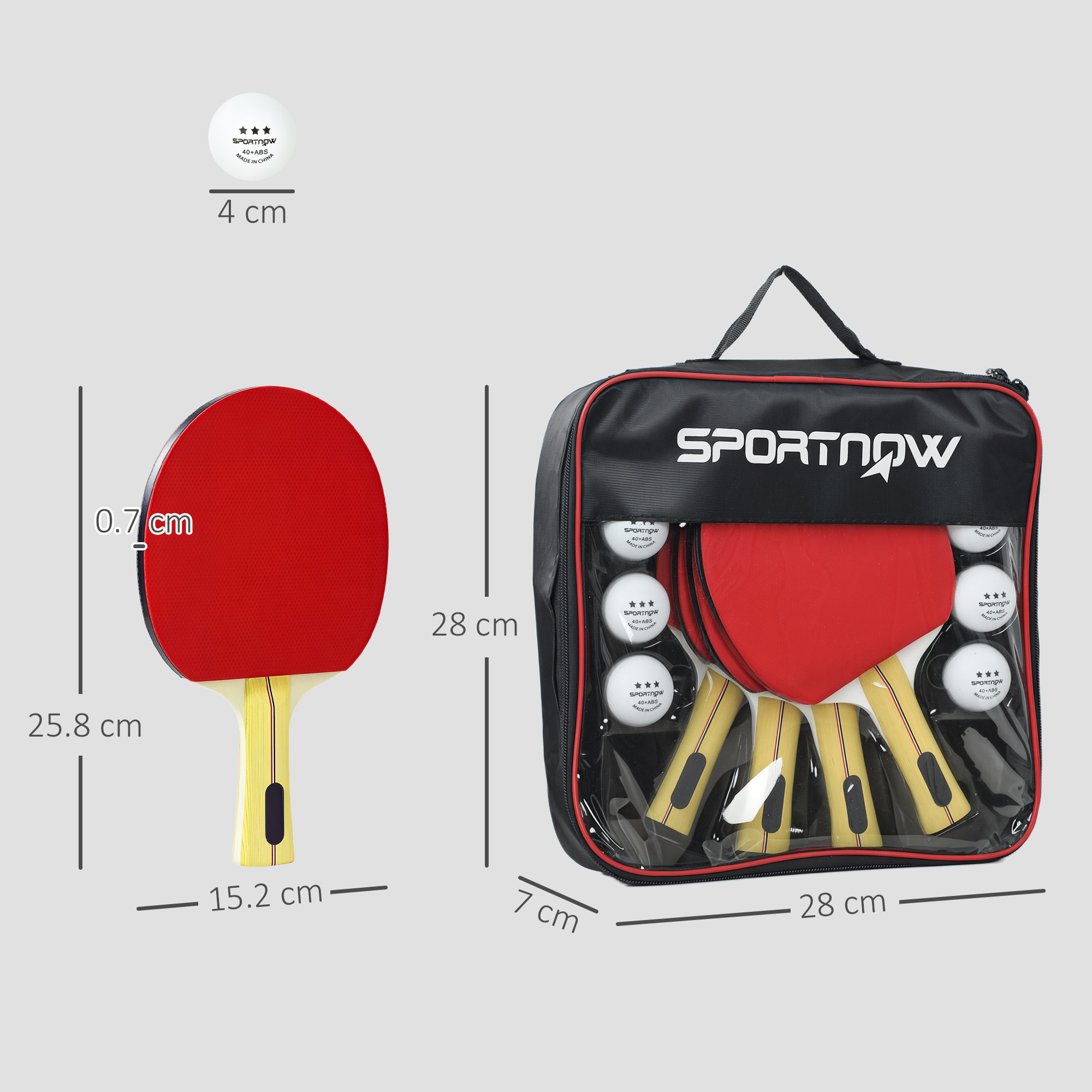 Palas de Ping Pong, Juego de Tenis de Mesa Portátil, con 4 Raquetas de Ping Pong, 8 Pelotas y Estuche de Transporte, para Principiantes, Expertos, Interior y Exterior Rojo