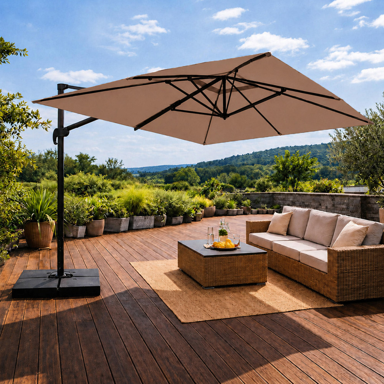 Parasol rectangulaire 3x4 déporté rotatif taupe en aluminium GHAZIE