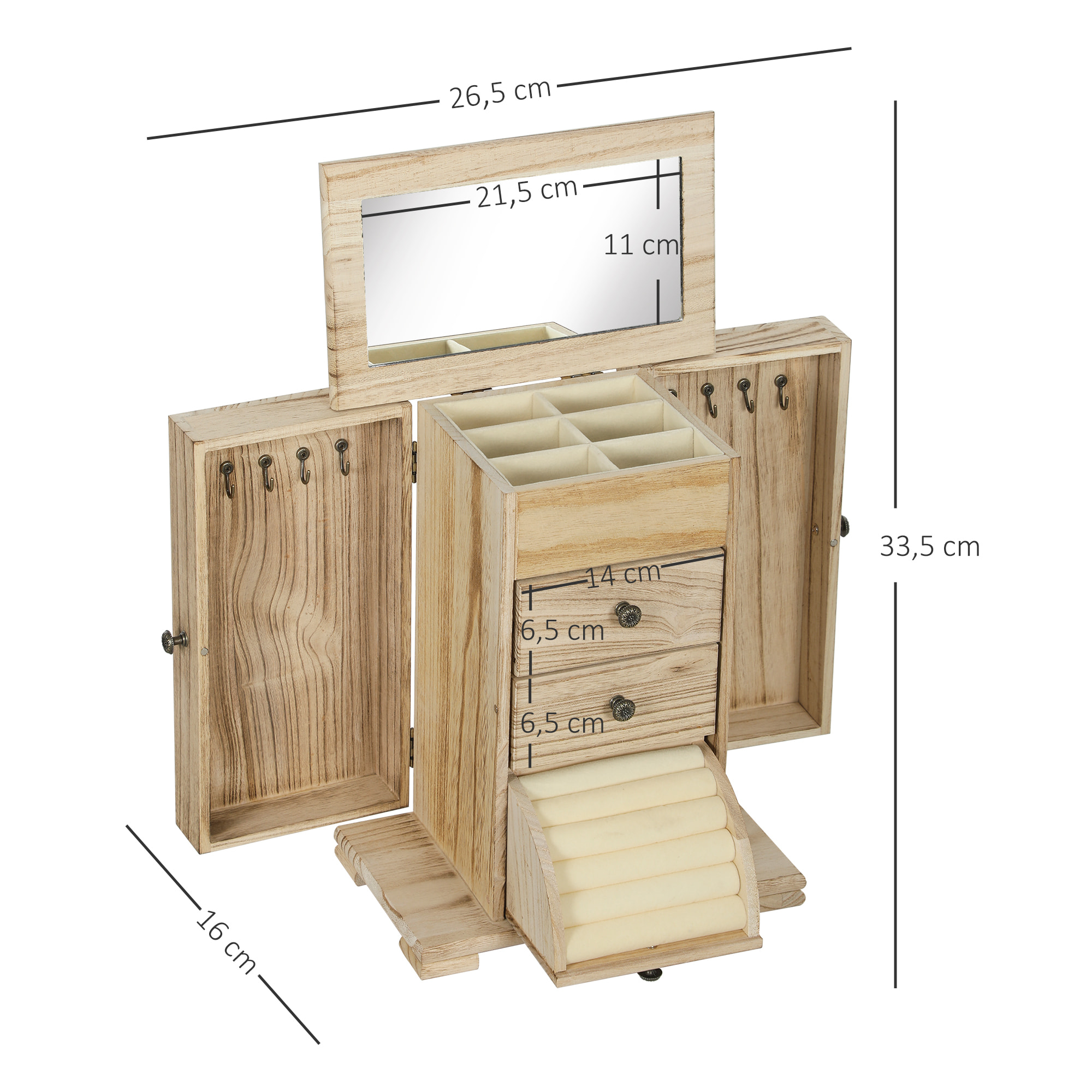 Caja Joyero de Madera de 4 Niveles Joyero Mujer Organizador Grande con 2 Cajones Espejo para Pendientes Anillos Collares Natural