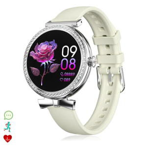 Smartwatch QS01 compatto ed elegante. Chiamate BT, notifiche push. Monitoraggio sanitario, cicli femminili. Modalità sportive.