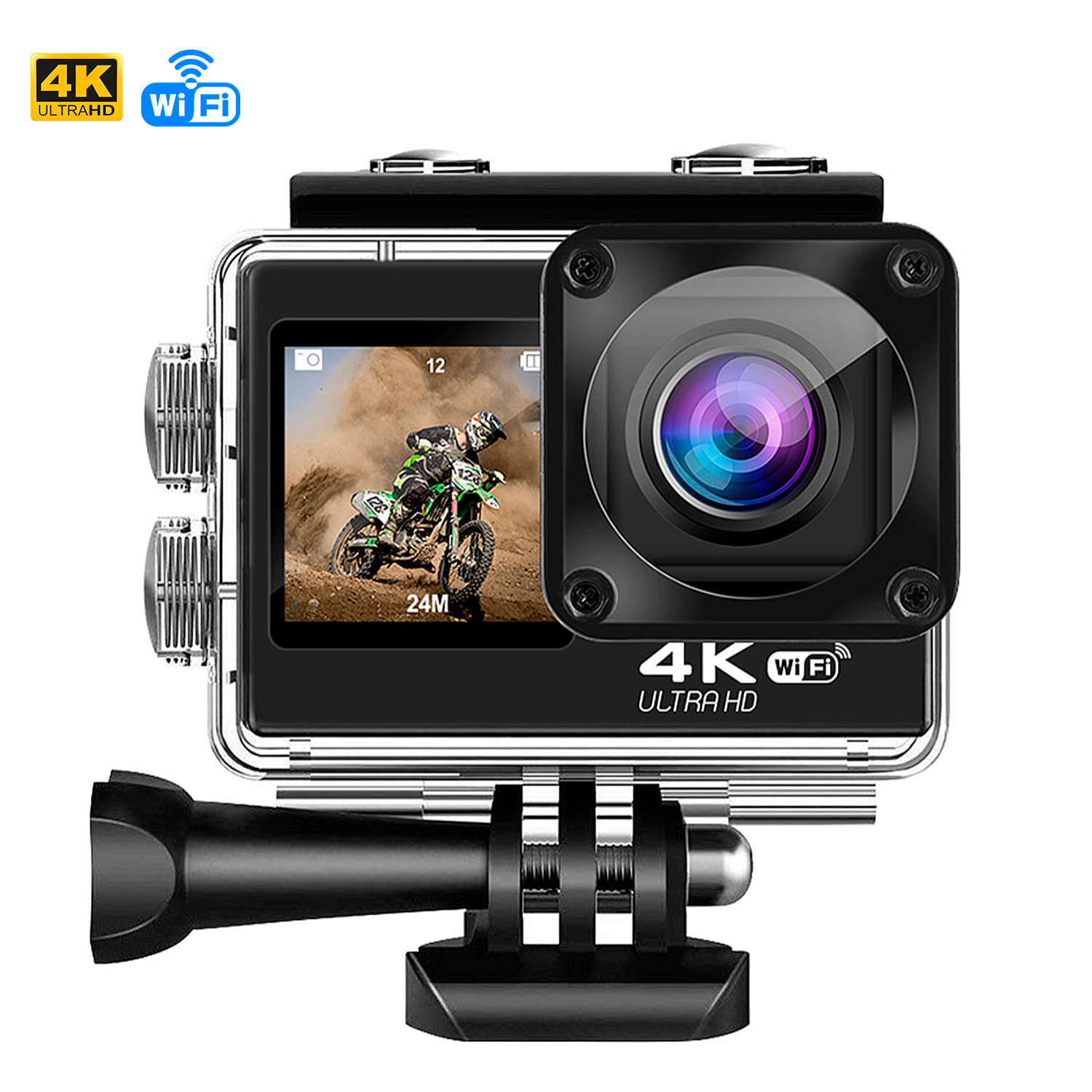 Cámara Deportiva AT-Q60AR de 4k 30fps con 16 mpx, doble pantalla de 2" y 1.3" con multitud de accesorios deportivos y WIFI.