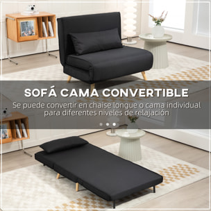 Sofá Cama Individual 3 en 1, Sillón Cama Plegable con Respaldo Ajustable en 6 Posiciones, Asiento Amplio, Almohada Acolchada, Patas de Madera, Carga 350 kg, 94x78x80 cm, Negro