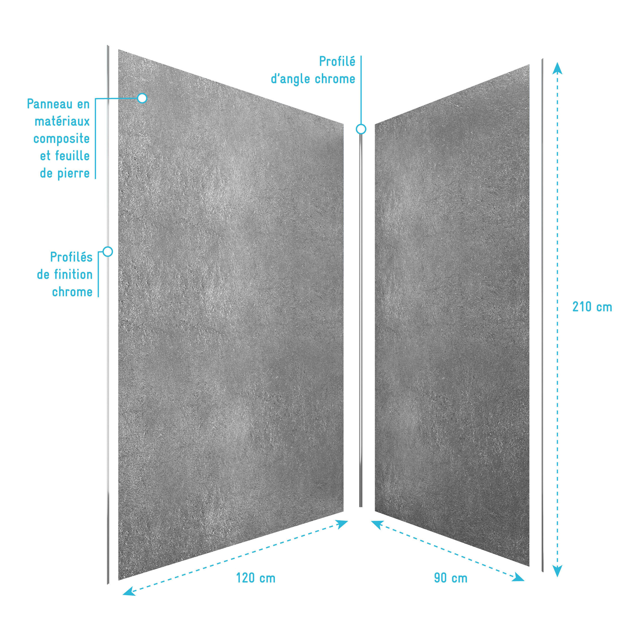 Pack de 2 Panneaux Muraux Pierre Silver Grey 90+120x210 cm avec Profilés ANODISE BRILLANT - STONE'IT