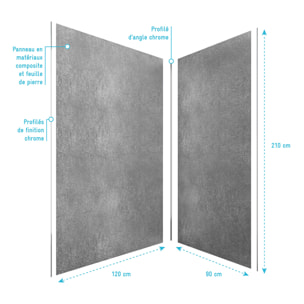 Pack de 2 Panneaux Muraux Pierre Silver Grey 90+120x210 cm avec Profilés ANODISE BRILLANT - STONE'IT