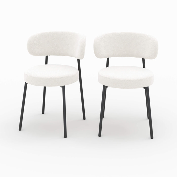 Lot de 2 chaises en tissu bouclé blanc cassé et pieds noirs - Maëlie