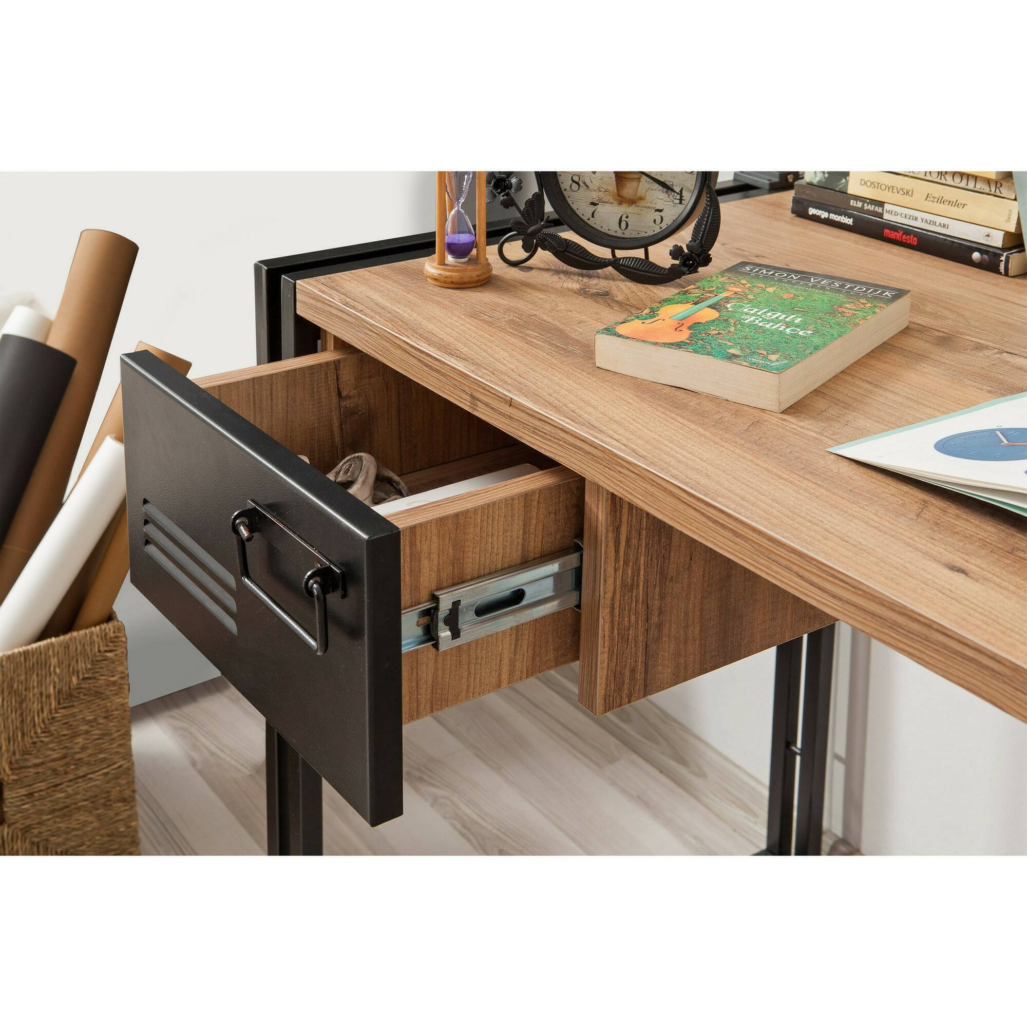 Scrivania Grimilde, Scrittoio multiuso, Tavolo per ufficio porta PC, Piano di lavoro, 139x60h75 cm, Quercia e Nero