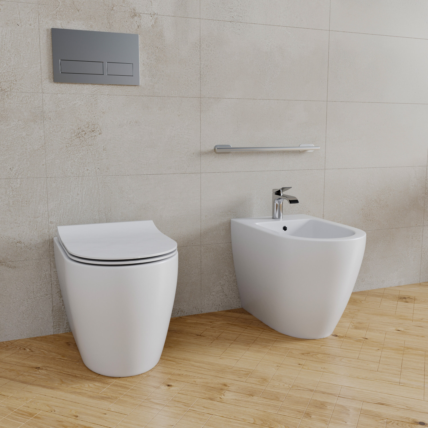 Coppia Sanitari Filomuro Filo Muro Filo Parete Vaso WC E Bidet Design Moderno In Ceramica Con Copriwater Chiusura Soft Close Rallentata Bianco Opaco