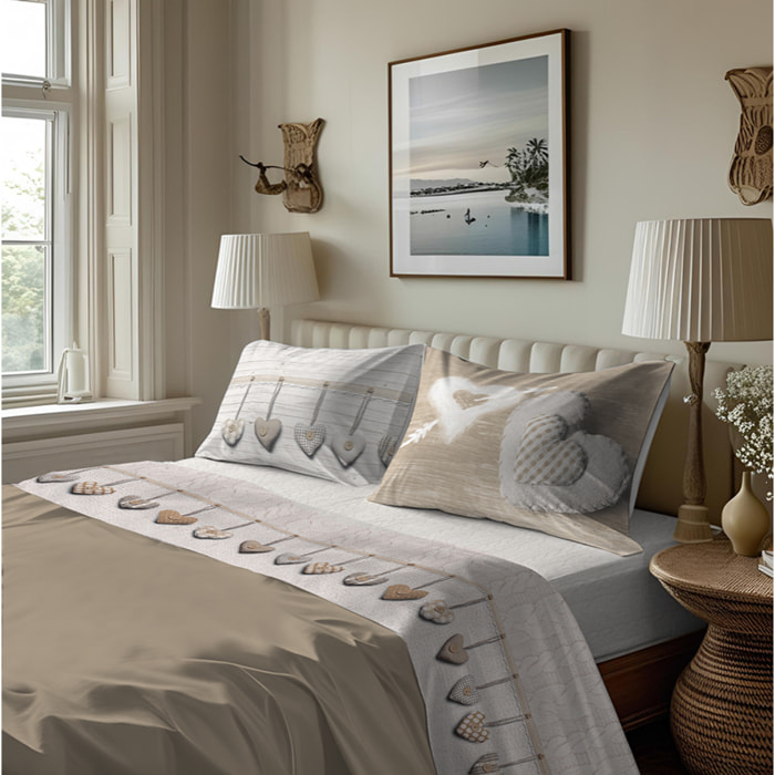 Completo letto in flanella cuore appeso beige