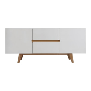 Buffet scandinave blanc laqué brillant et finition bois clair 2 portes 2 tiroirs L160 cm MELKA