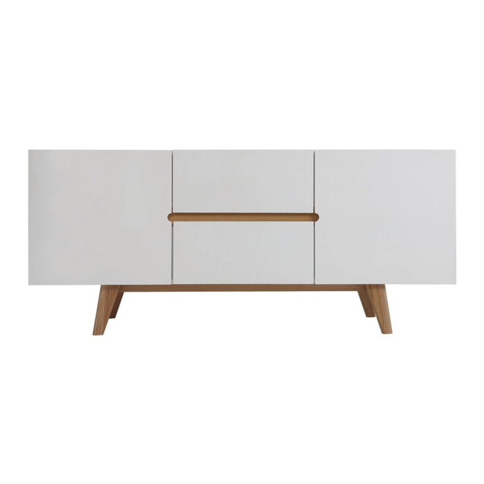 Buffet scandinave blanc laqué brillant et finition bois clair 2 portes 2 tiroirs L160 cm MELKA