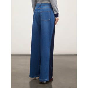 Motivi - Pantalón modelo palazzo estampado de raya diplomática y aplicación de tejido vaquero - Azul