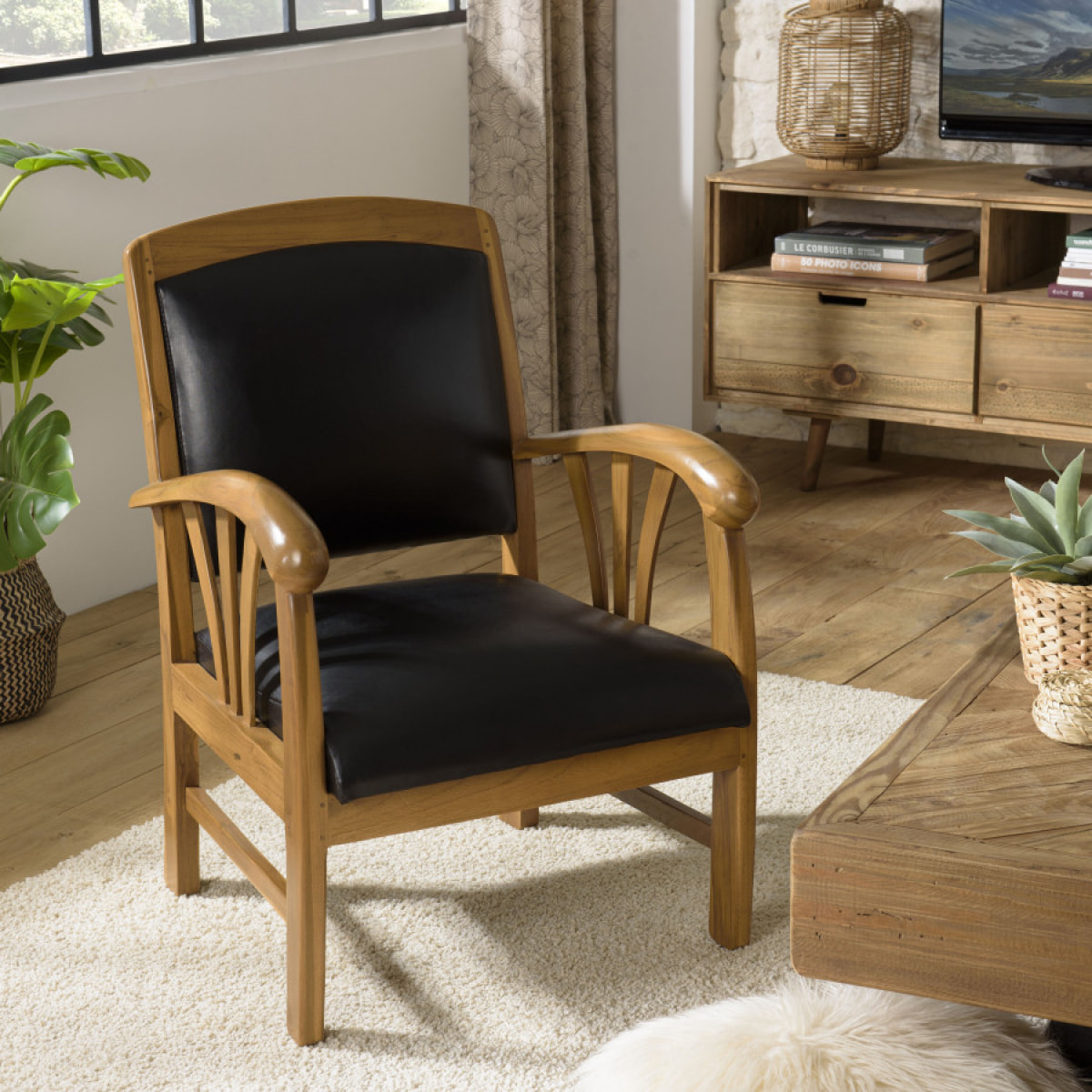 ERIS - Fauteuil teck et cuir noir