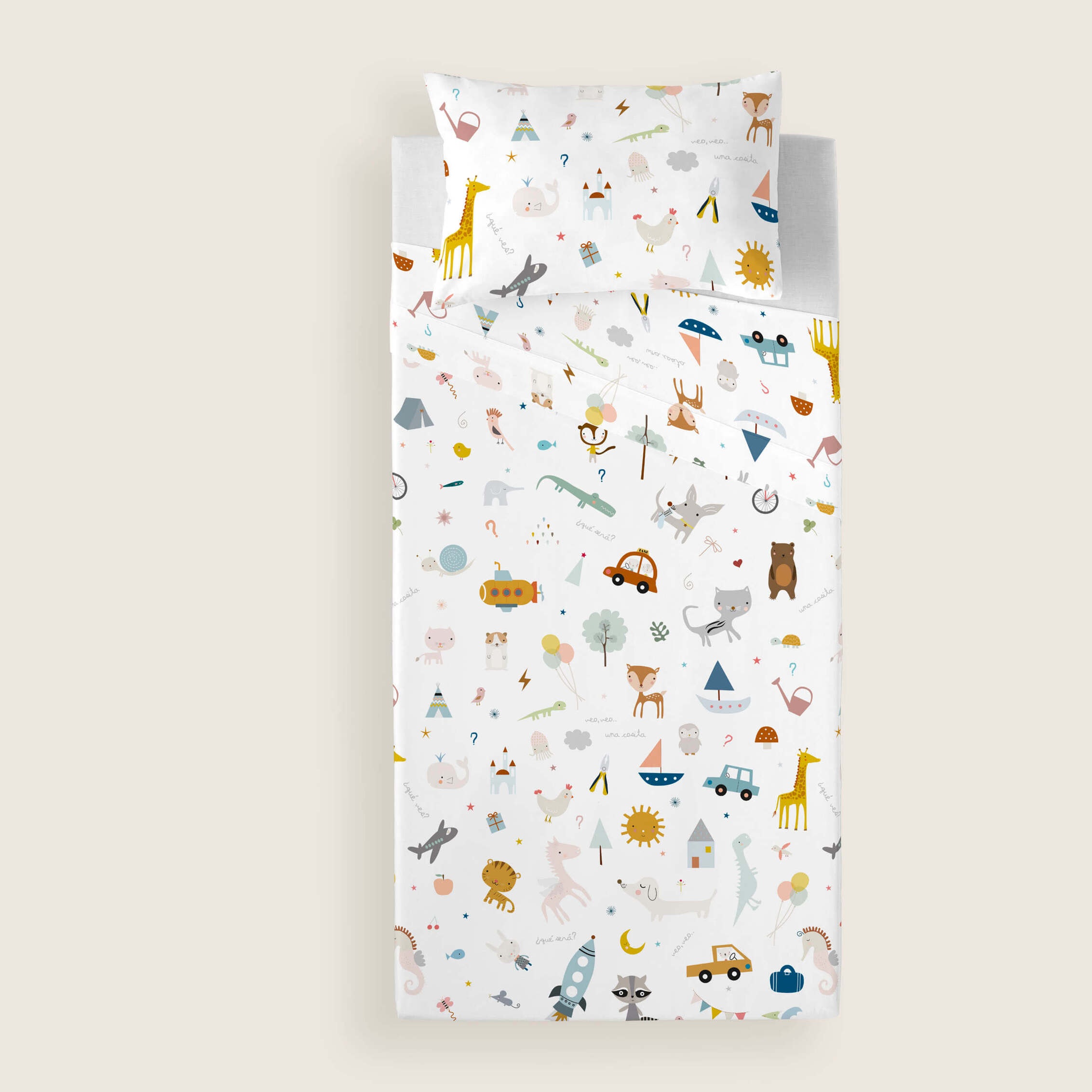 Juego de Sábanas Estampadas - Infantil - Incluye 1 Funda de Almohada - 100% Algodón - Veo Veo Reverso