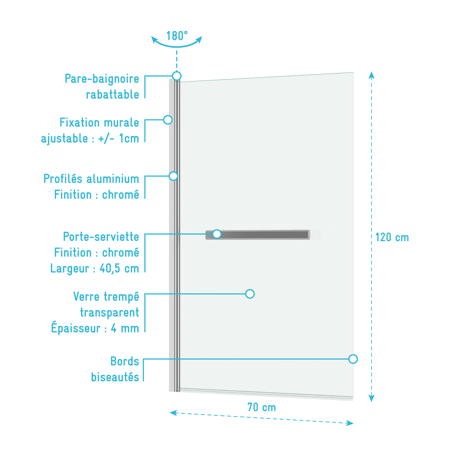 Pare baignoire Rabattable avec porte-serviette 70x120 cm - Profilé Chromé - Verre 4 mm