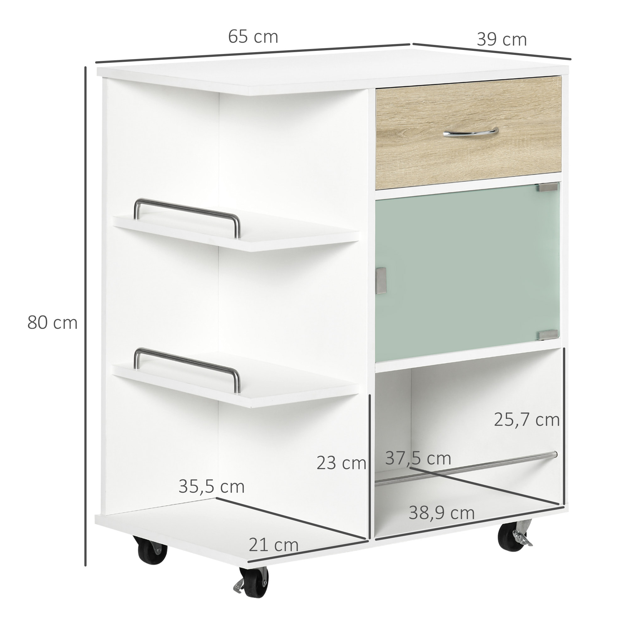 Carrito de Cocina Carrito Auxiliar con 1 Cajón Puerta de Vidrio y Estantes Abiertos Carro Auxiliar con Ruedas para Comedor Salón Baño 65x39x80 cm Natural