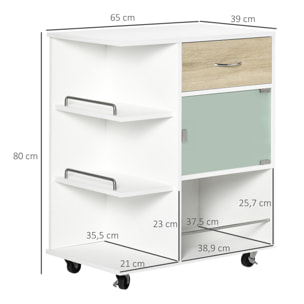 Carrito de Cocina Carrito Auxiliar con 1 Cajón Puerta de Vidrio y Estantes Abiertos Carro Auxiliar con Ruedas para Comedor Salón Baño 65x39x80 cm Natural