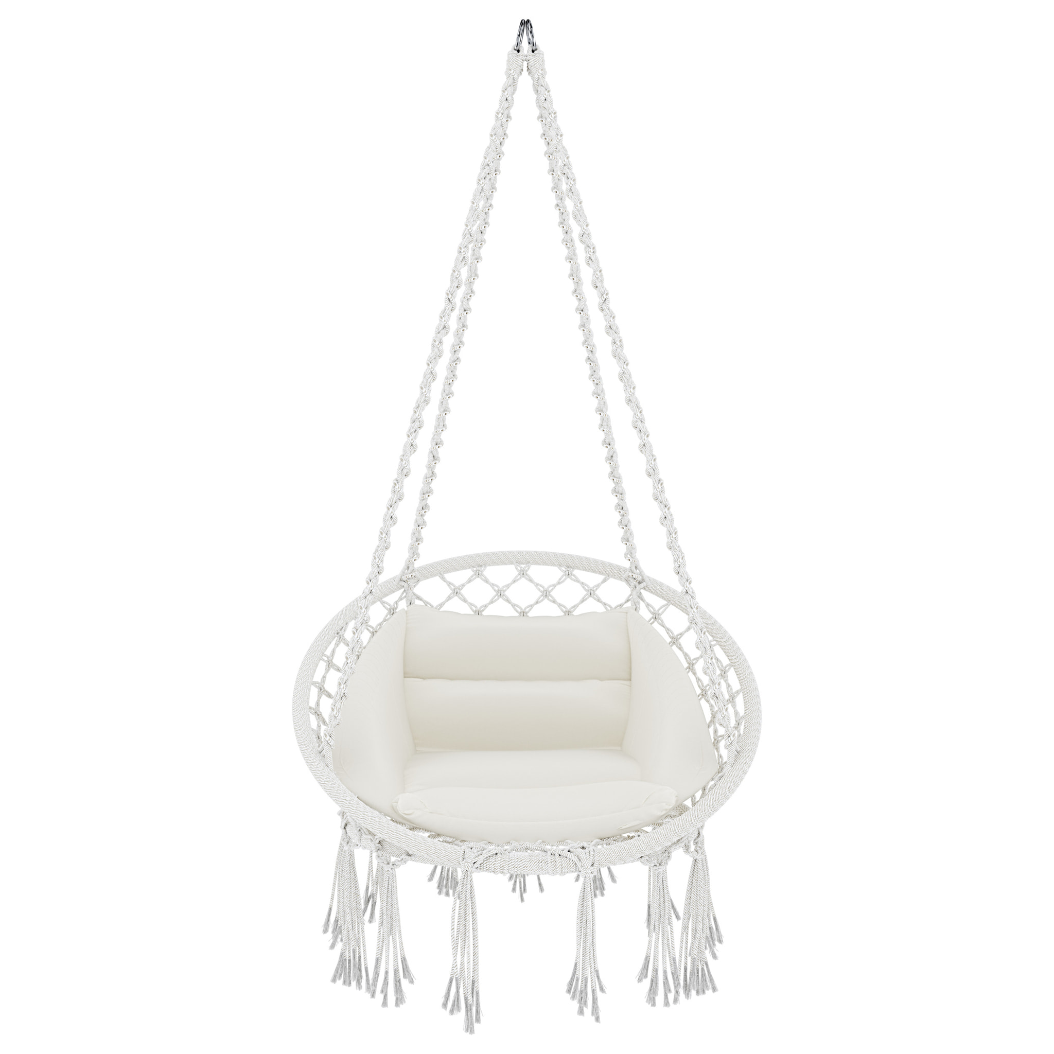 Poltrona Sospesa Pensile Da Giardino Corda In Cotone Effetto Macramè Struttura In Acciaio Cuscino Sedia Dondolo Seduta Imbottita Fino A 160 Kg Beige