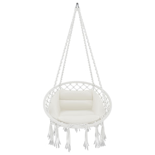 Poltrona Sospesa Pensile Da Giardino Corda In Cotone Effetto Macramè Struttura In Acciaio Cuscino Sedia Dondolo Seduta Imbottita Fino A 160 Kg Beige