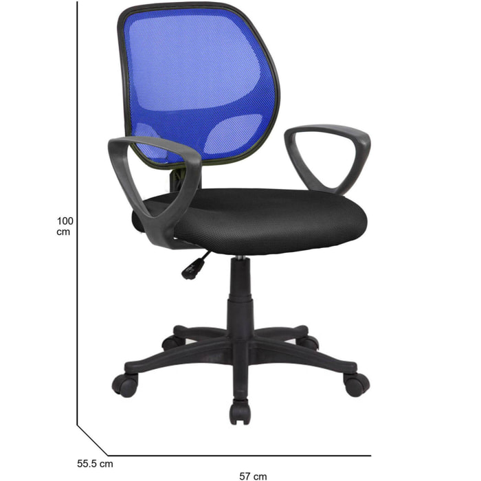 Sedia da ufficio Geraldton, Poltrona operativa a rete con braccioli, Seduta ergonomica da ufficio, 56x57h88/100 cm, Nero e Blu