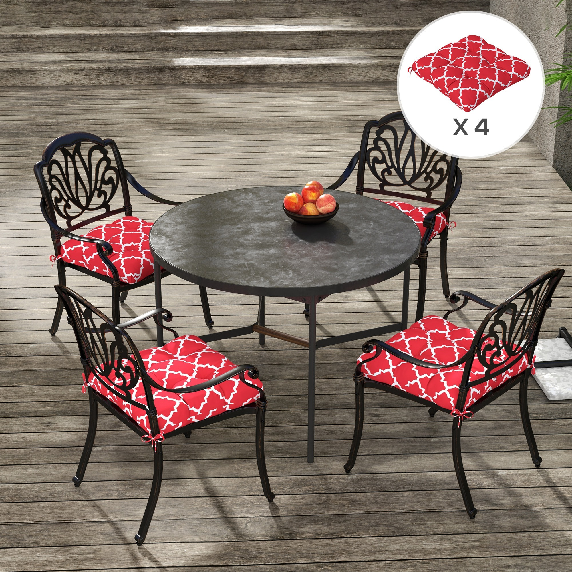 Outsunny Conjunto de Cojines para Sillas de Comedor 48x48x7 cm Juego de 4 Piezas Cojines para Sillas de Jardín Impermeable y Anti-UV con 2 Cordones de Fijación Rojo