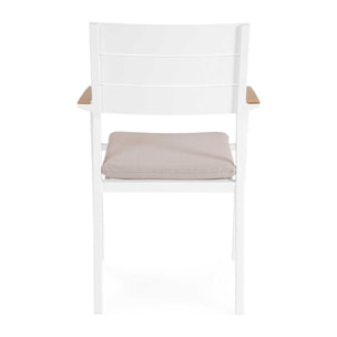 Set 4 sedie da giardino ZELMAR con cuscino tortora, braccioli effetto legno e struttura in alluminio bianco