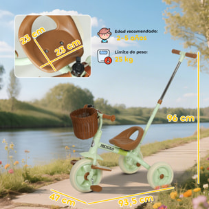 Triciclo para Bebés 2 en 1, Triciclo Evolutivo, 2-5 Años, con Barra Parental Ajustable, Pedales Antideslizantes, Reposapiés Plegables y Cesta, para Niños y Niñas, Verde