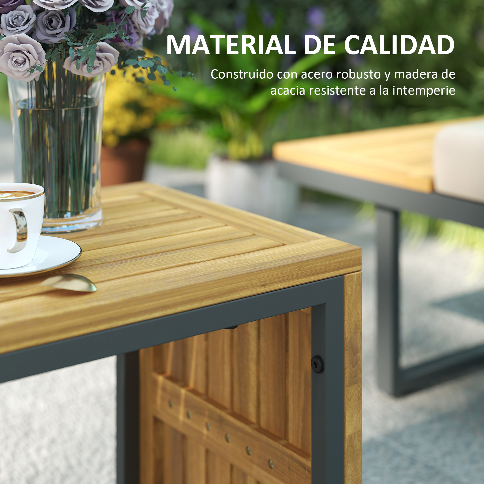 Conjunto de Muebles Jardín Exterior Sofás de Exterior en Forma de L Tumbona con 2 Sofás de 3 Plazas Asiento Ajustable y Mesa de Madera de Acacia Versátil con Cojines Beige y Gris