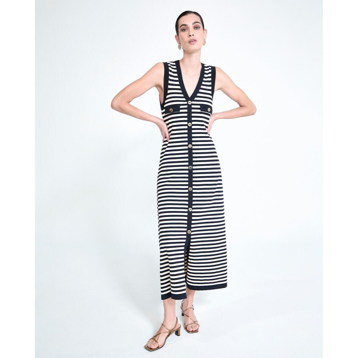 Abito lungo in maglia a righe senza maniche con spacco frontale