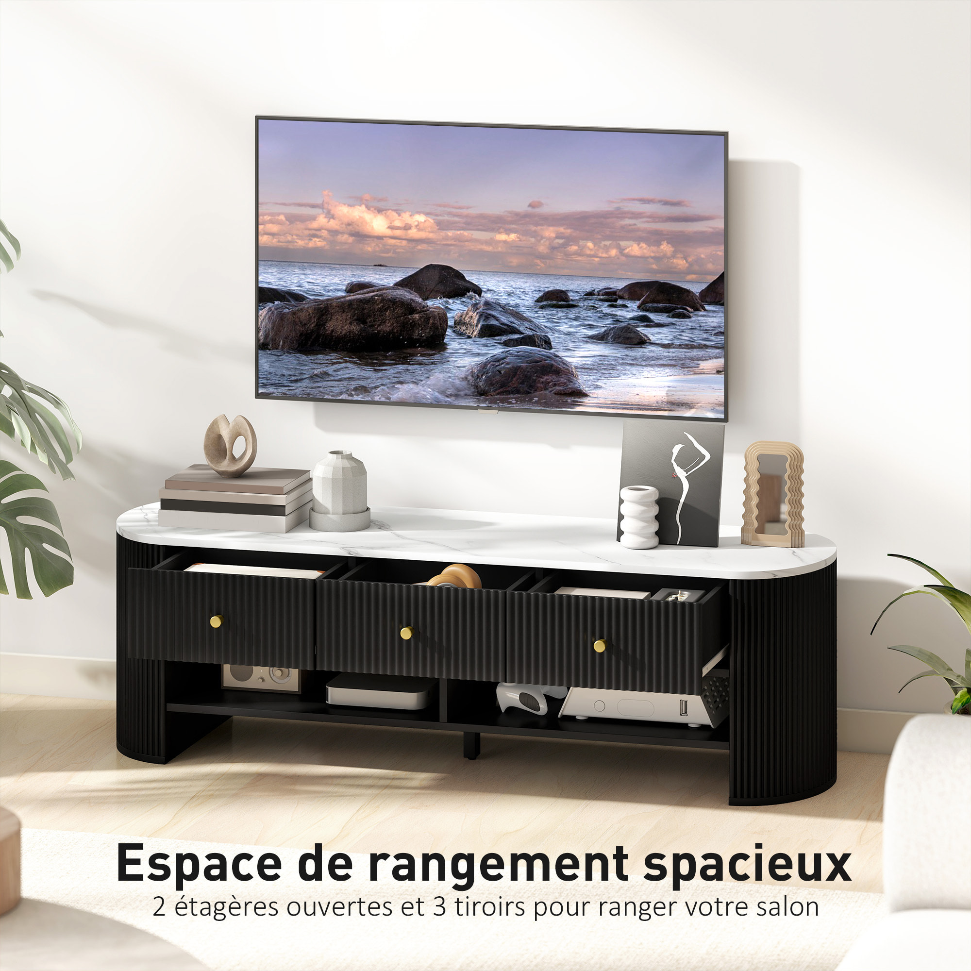 Meuble TV design ovale effet marbre blanc 140 x 40 x 43 cm 3 tiroirs 2 niches noir