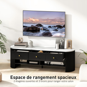 Meuble TV design ovale effet marbre blanc 140 x 40 x 43 cm 3 tiroirs 2 niches noir