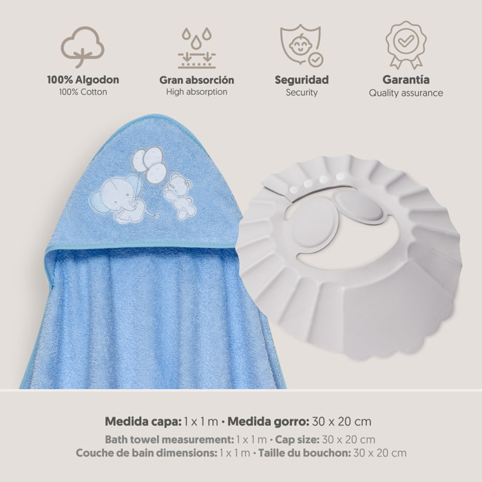 Capa Baño 1X1 Mod Oso Elefante Globos+Gorro Azul