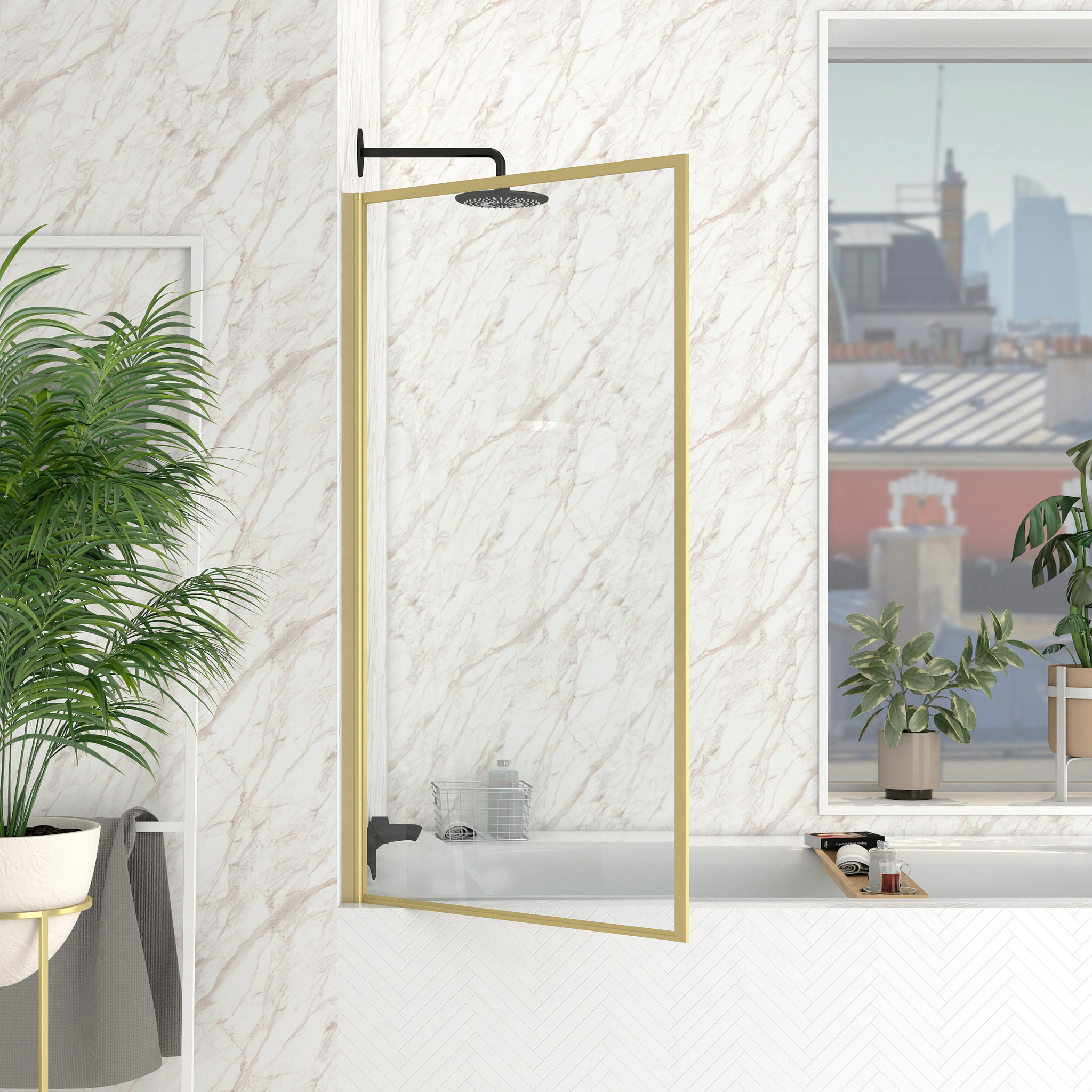 Pare baignoire rabattable 75x130cm - Finition Or Doré Brossé - GOLDY CONTOURING SCREEN