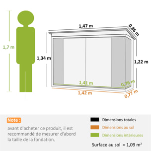 Abri de jardin 1,09 m² - 2 portes verrouillables - tôle d'acier gris clair